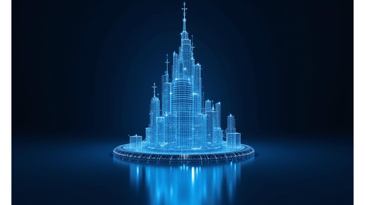 복잡하게 얽힌 건축 구조물의 와이어프레임이 푸른빛을 띠며 떠오르는 모습