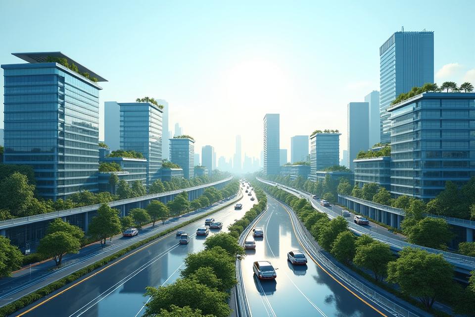 스마트시티 개념도: 첨단 기술과 친환경 요소가 결합된 미래 도시 전경